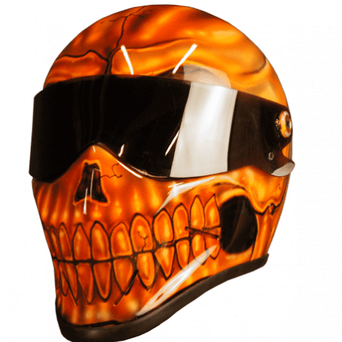 Realistic skull reaper in hot orange motorbike helmet